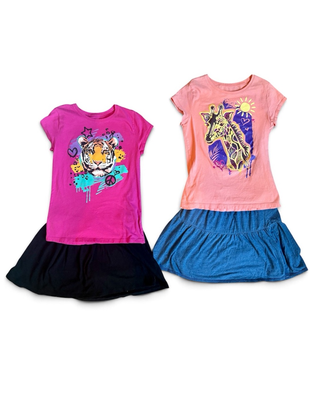 Girls' Pink Tiger Graphic Tee & with and Peach Giraffe Graphic Tee with Skorts